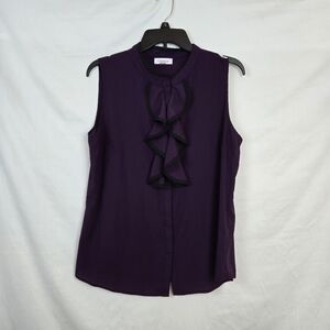 Calvin Klein Womens Purple Black Trim Ruffle Sleeveless Chiffon Career Top Large